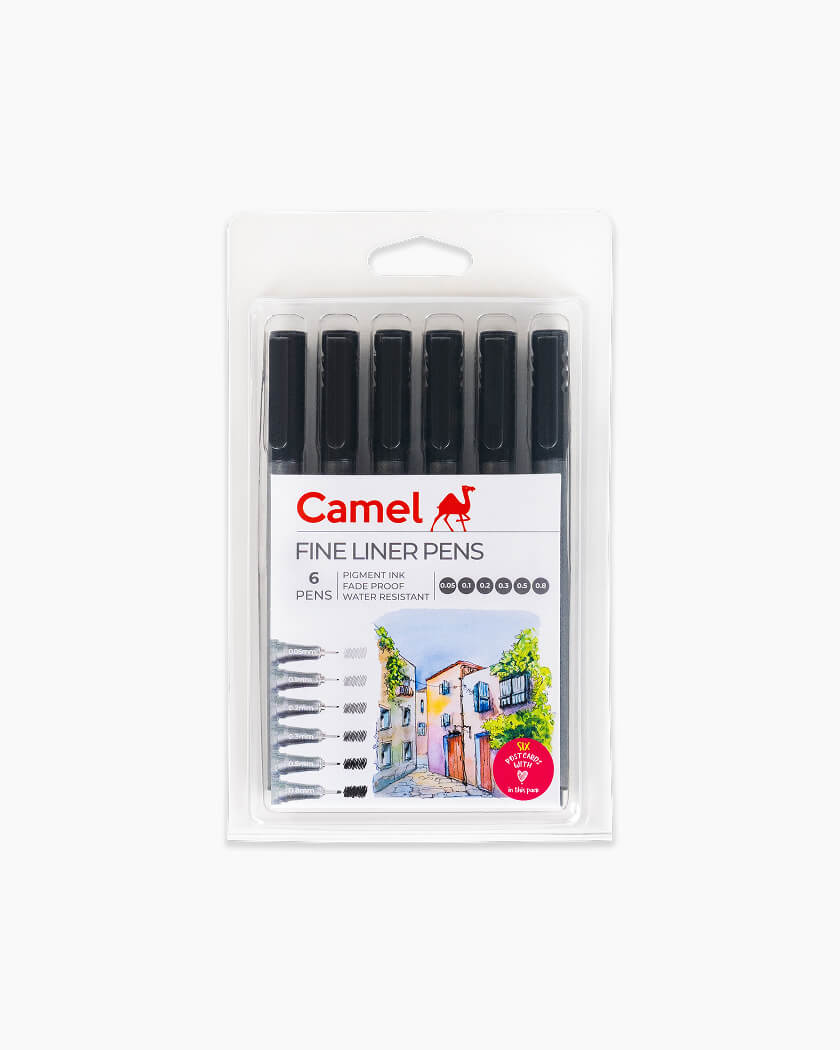 Camel Fine Liner Pens - Assorted pack of 6 pens with 6 free A6 postcards