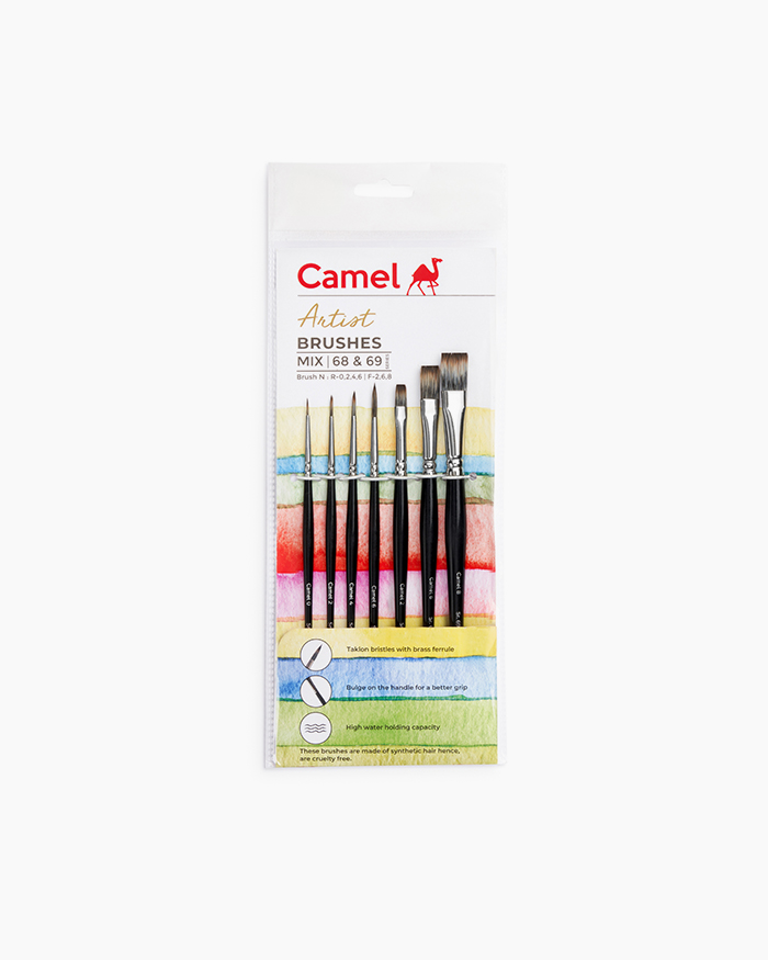 Camel Artist Brushes - Assorted pack of 7 brushes, Round - Series 68 & Flat - Series 69 