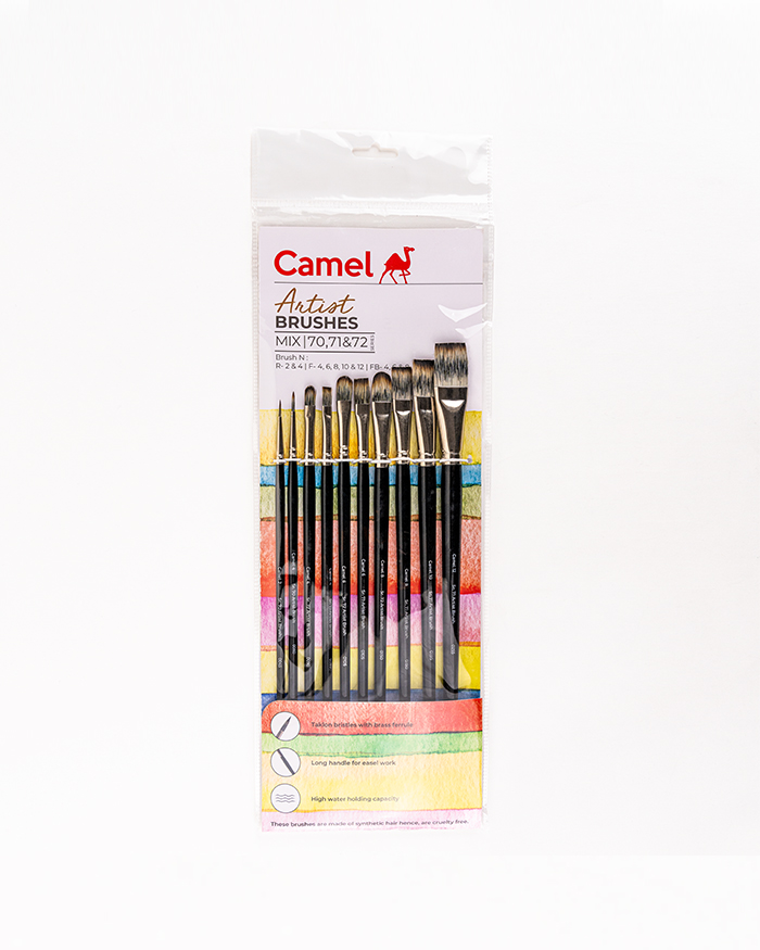 Camel Artist Long Handle Brushes Assorted pack of 10 brushes, Round - Series 70, Flat - Series 71 & Filbert - Series 72
