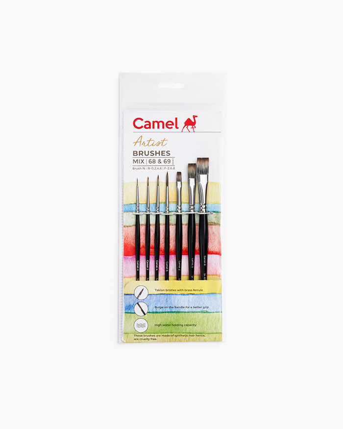 Camlin Artist Brushes Assorted pack of 7 brushes, Round - Series 68 & Flat - Series 69