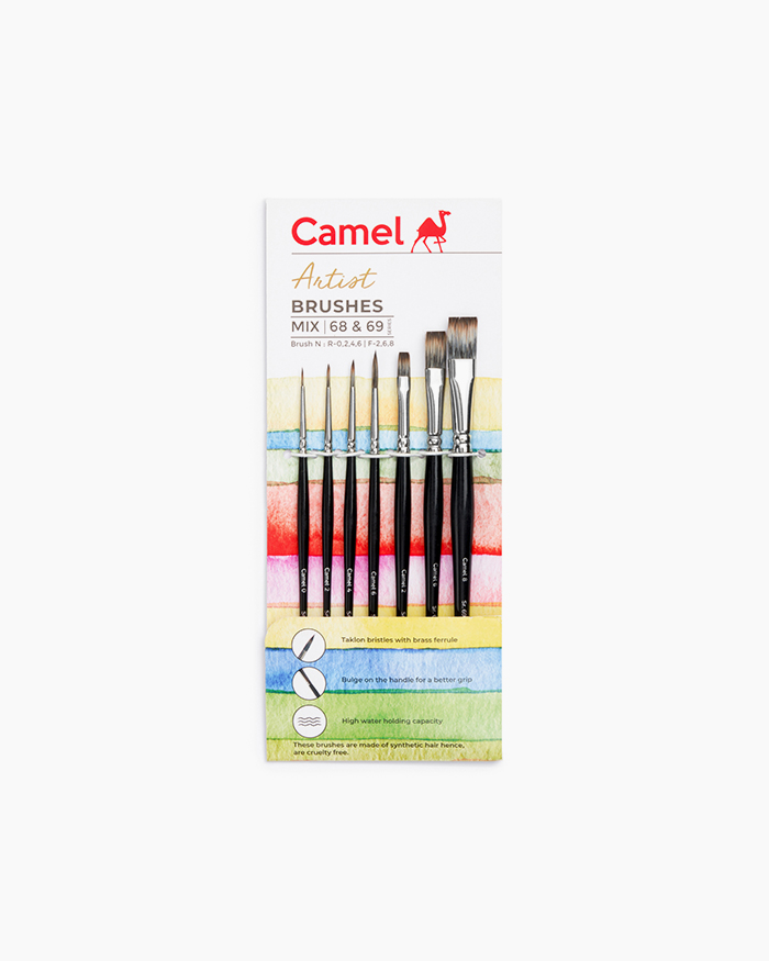 Camel Artist Brushes Assorted pack of 7 brushes, Round - Series 68 & Flat - Series 69