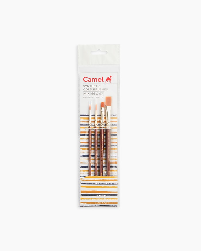 Camel Synthetic Gold Brushes Assorted pack of 4 brushes, Round - Series 66 & Flat - Series 67