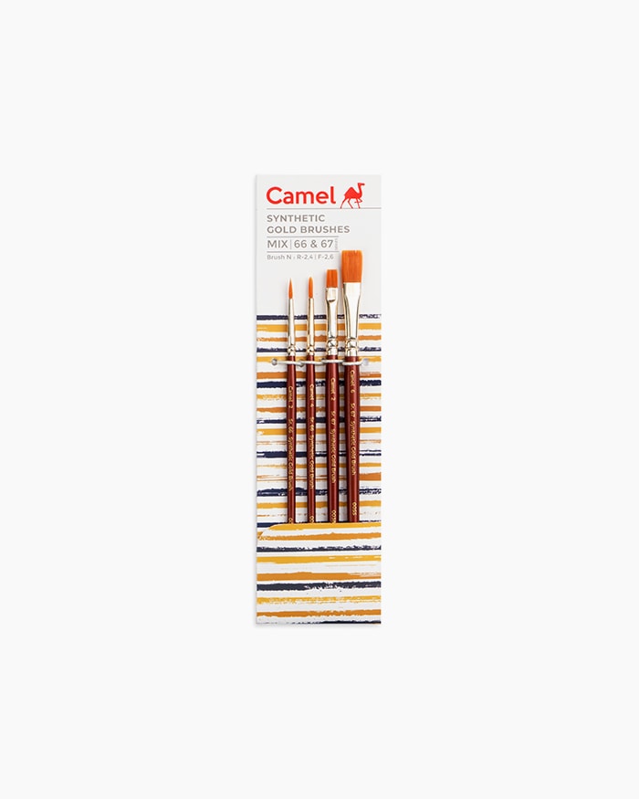 Camlin Synthetic Gold Brushes Assorted pack of 4 brushes, Round - Series 66 & Flat - Series 67
