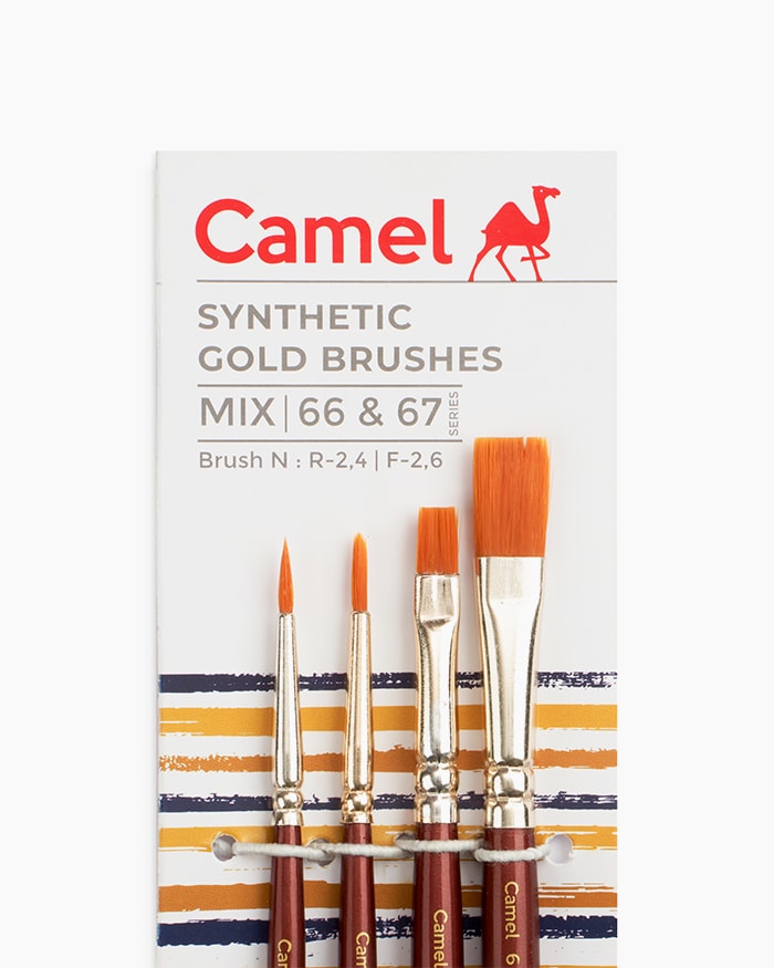 Camel Synthetic Gold Brushes Assorted pack of 4 brushes, Round - Series 66 & Flat - Series 67