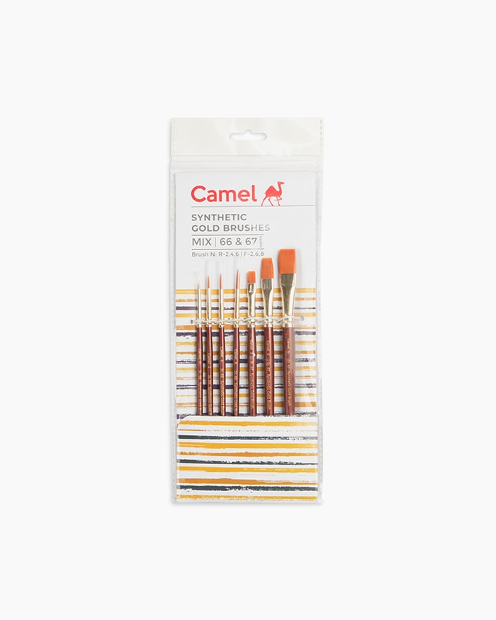Camlin Synthetic Gold Brushes Assorted pack of 7 brushes, Round - Series 66 & Flat - Series 67