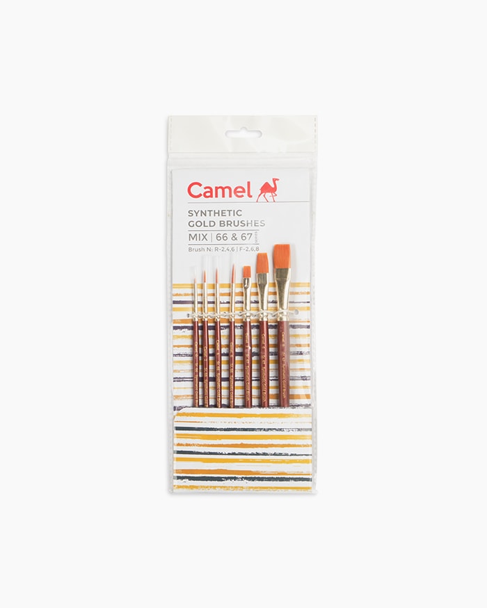 Camel Synthetic Gold Brushes Assorted pack of 7 brushes, Round - Series 66 & Flat - Series 67