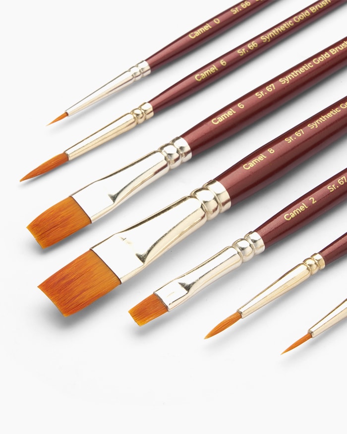 Camel Synthetic Gold Brushes Assorted pack of 7 brushes, Round - Series 66 & Flat - Series 67