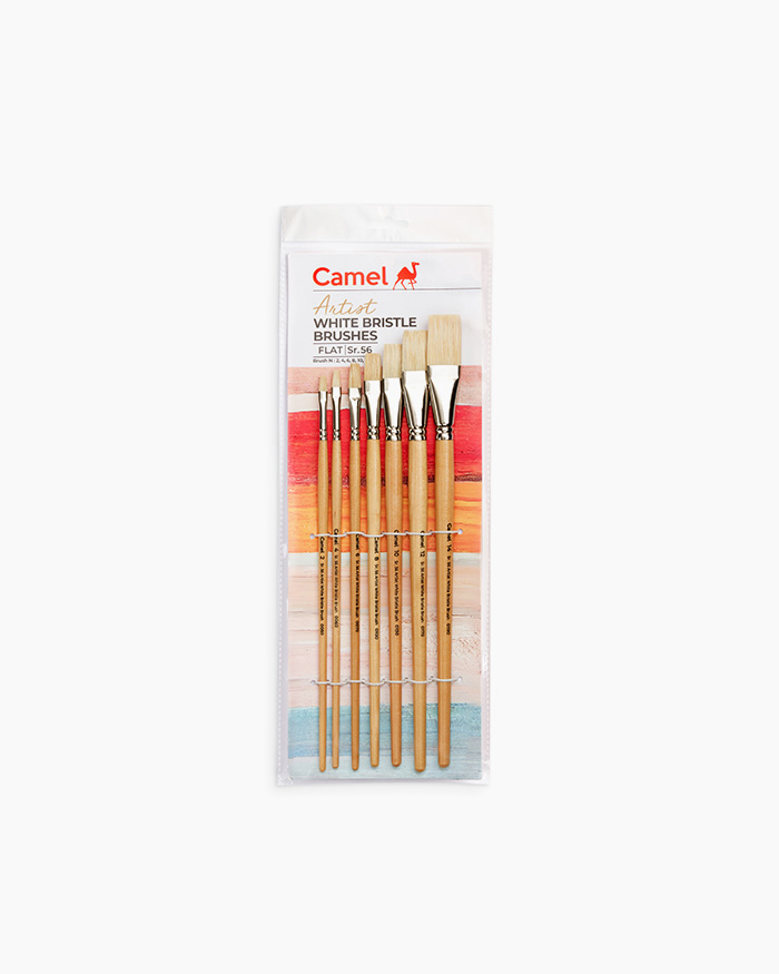 Camel White Bristle Brushes Assorted pack of 7 brushes, Flat - Series 56