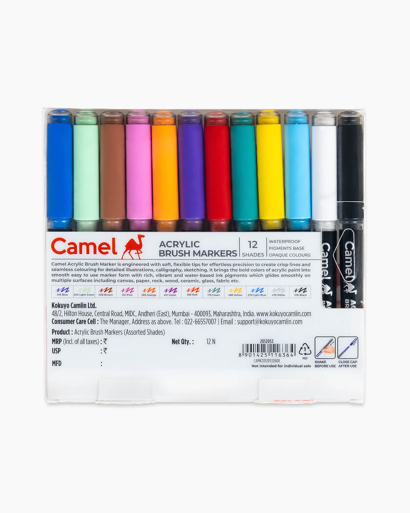Camel Acrylic Brush Markers Assorted pack of 12 shades