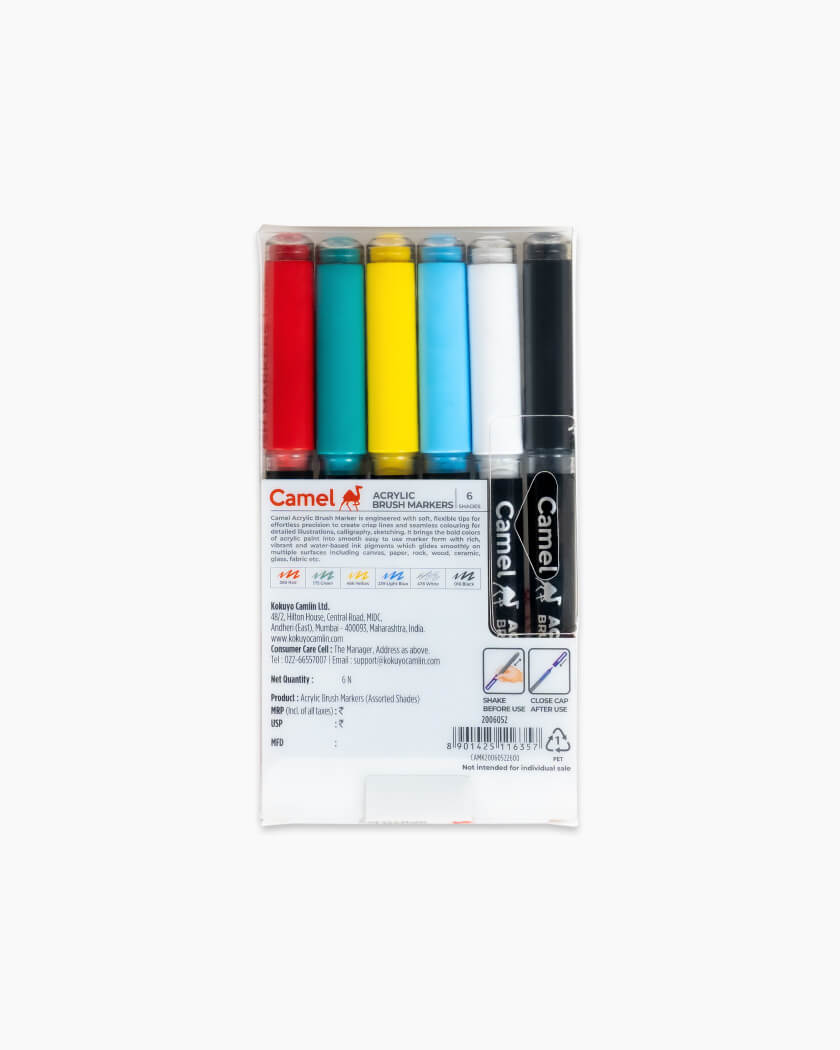 Camel Acrylic Brush Markers Assorted pack of 6 shades