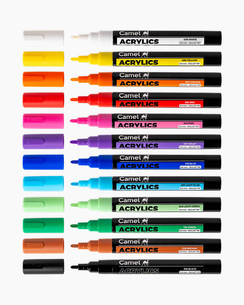 Camel Acrylic Marker 3mm Assorted pack of 12 shades