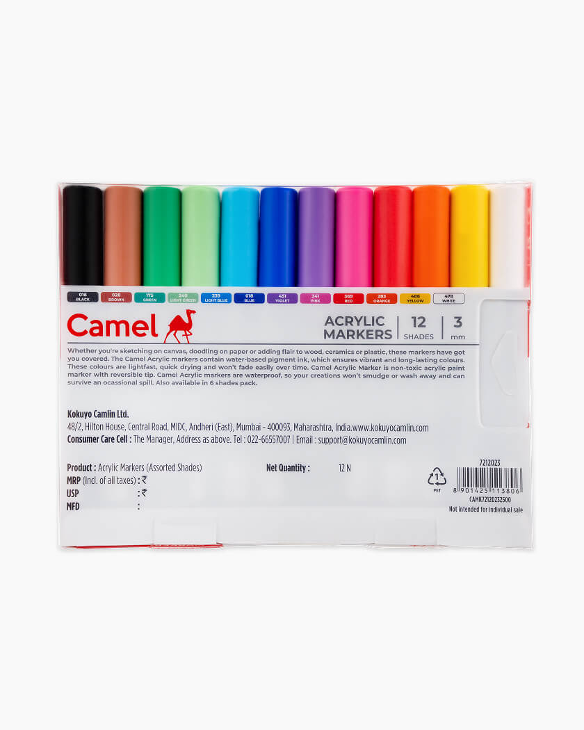 Camel Acrylic Marker 3mm Assorted pack of 12 shades