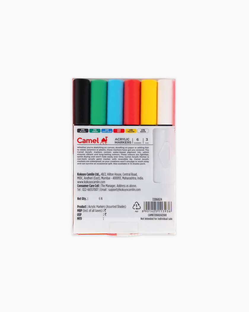 Camel Acrylic Marker 3mm Assorted pack of 6 shades