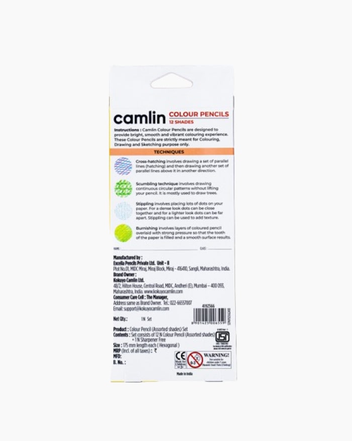 Camlin Colour Pencils Assorted pack of 12 shades with Sharpener, Full size