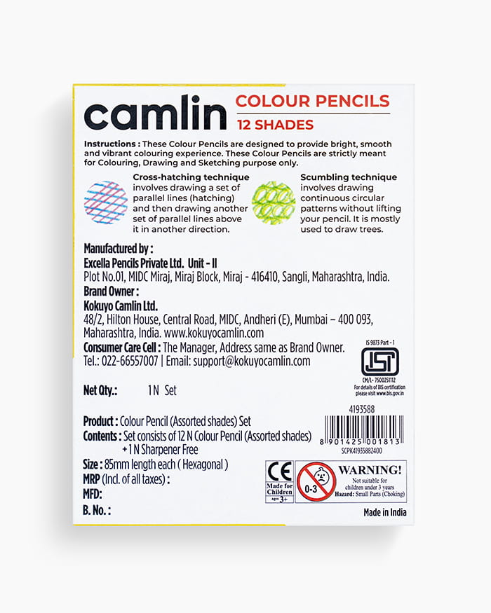 Camlin Colour Pencils Assorted pack of 12 shades with Sharpener, Half size