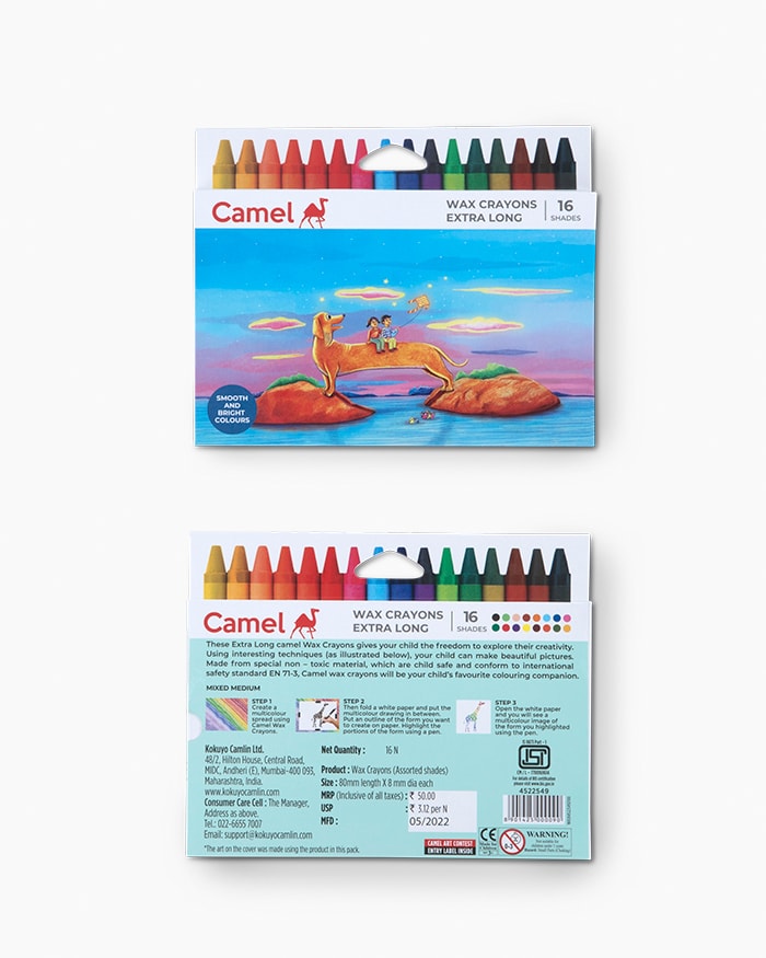 Camel Wax Crayons Assorted pack of 16 shades, Extra long
