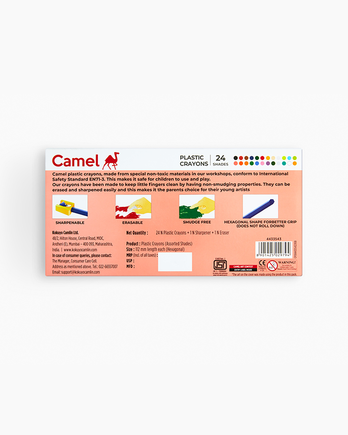 Camel Plastic Crayons Assorted pack of 24 shades, Hexagonal