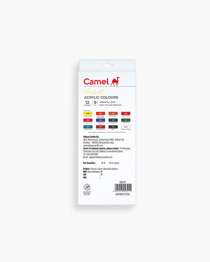 Camel Artist Acrylic ColoursAssorted pack of 12 shades in 9 ml