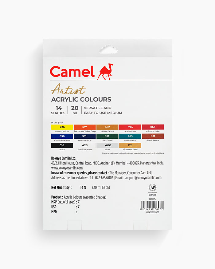 Camel Artist Acrylic ColoursAssorted pack of 14 shades in 20 ml