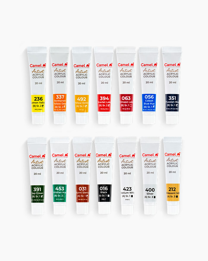 Camel Artist Acrylic ColoursAssorted pack of 14 shades in 20 ml