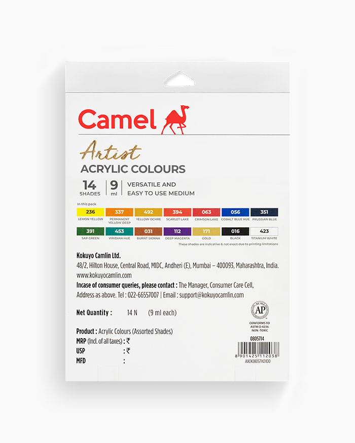 Camel Artist Acrylic ColoursAssorted pack of 14 shades in 9 ml