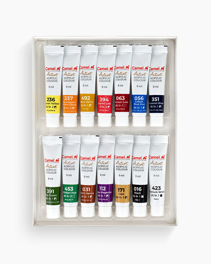 Camel Artist Acrylic ColoursAssorted pack of 14 shades in 9 ml