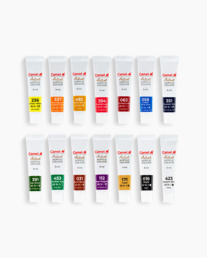 Camel Artist Acrylic ColoursAssorted pack of 14 shades in 9 ml
