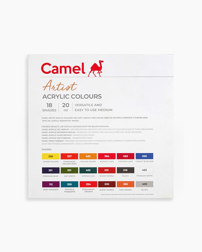 Camel Artist Acrylic ColoursAssorted pack of 18 shades in 20 ml with Mediums