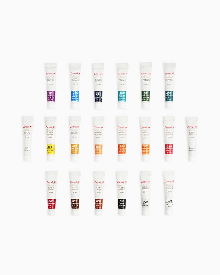 Camel Artist Acrylic ColoursAssorted pack of 18 shades in 20 ml with Mediums
