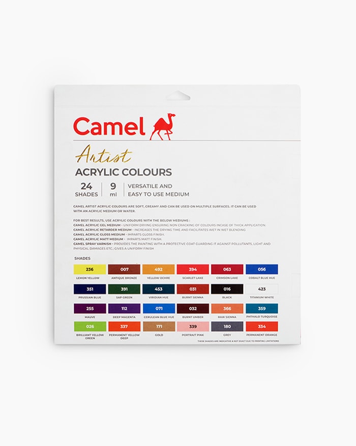 Camel Artist Acrylic ColoursAssorted pack of 24 shades in 9 ml, 1 shade in 20 ml with Mediums and Brushes