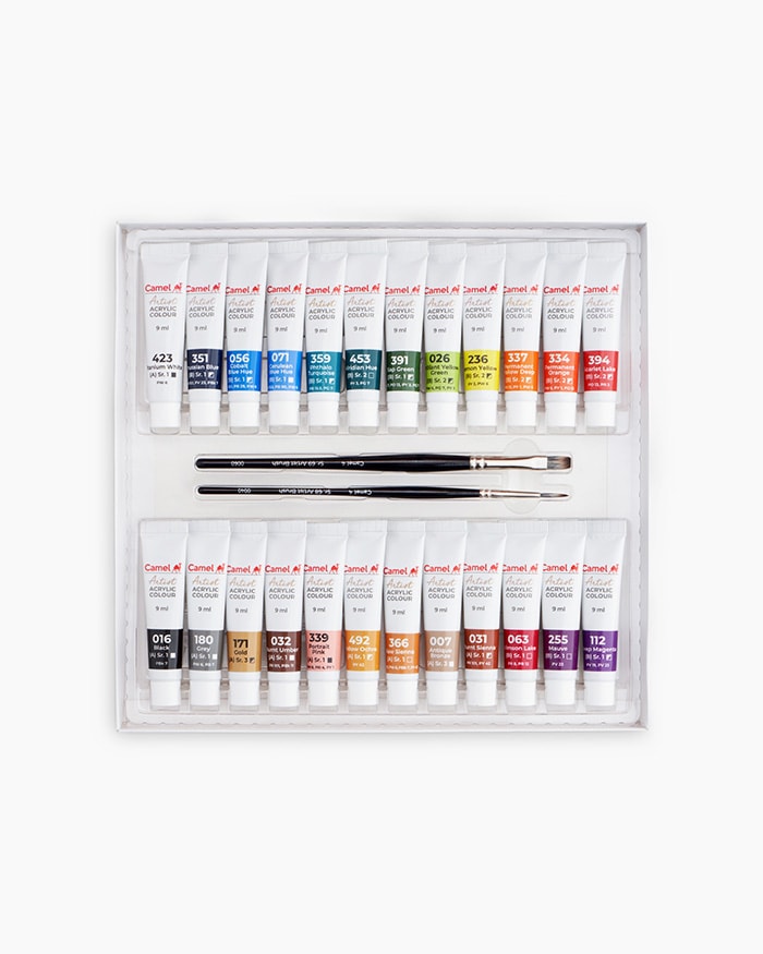 Camel Artist Acrylic ColoursAssorted pack of 24 shades in 9 ml, 1 shade in 20 ml with Mediums and Brushes