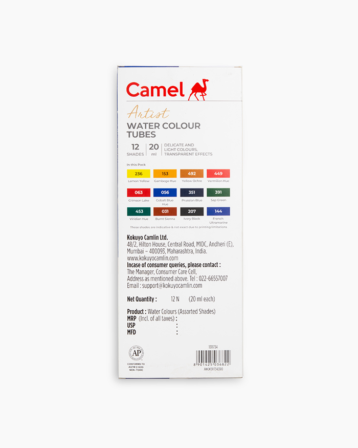 Camel Artist Water ColoursAssorted pack of tubes, 12 shades in 20 ml