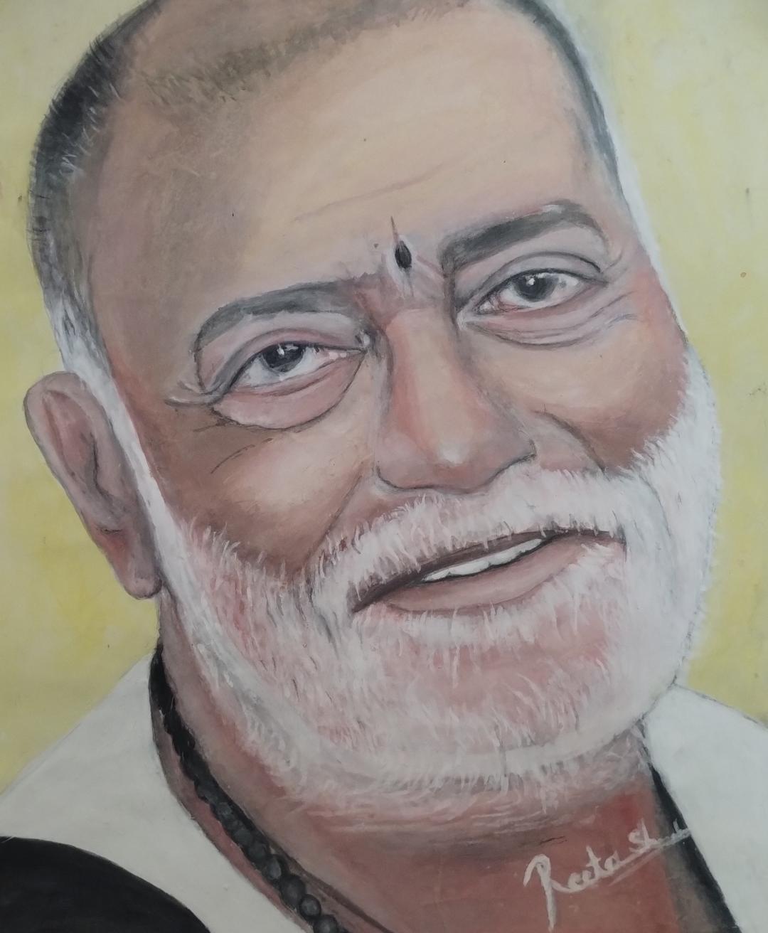 Reeta Shrivastava Revered Morari Bapu Ji - Watercolour Portrait