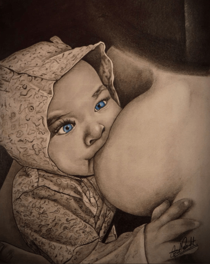 Baby Breast Feeding Hyper Realistic Sketch