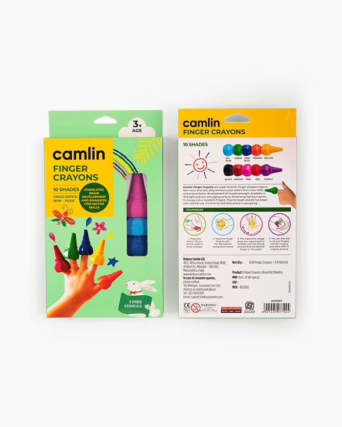 Camlin Finger Crayons Assorted pack of 10 shades with Stencils