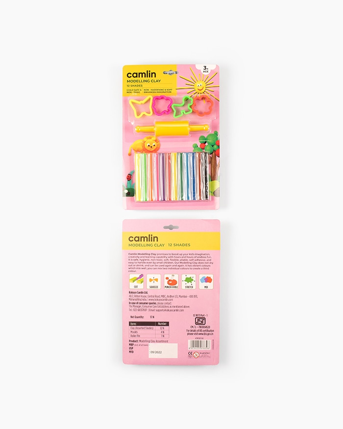 Camlin Modelling Clay Assorted pack of 12 shade in 200 g with Roller Pin and Moulds