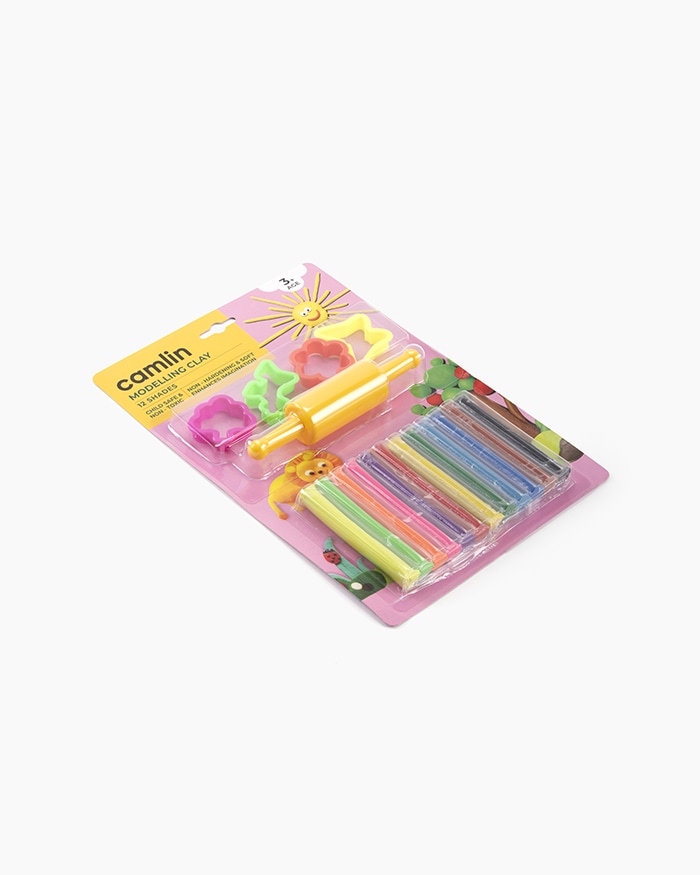 Camlin Modelling Clay Assorted pack of 12 shade in 200 g with Roller Pin and Moulds