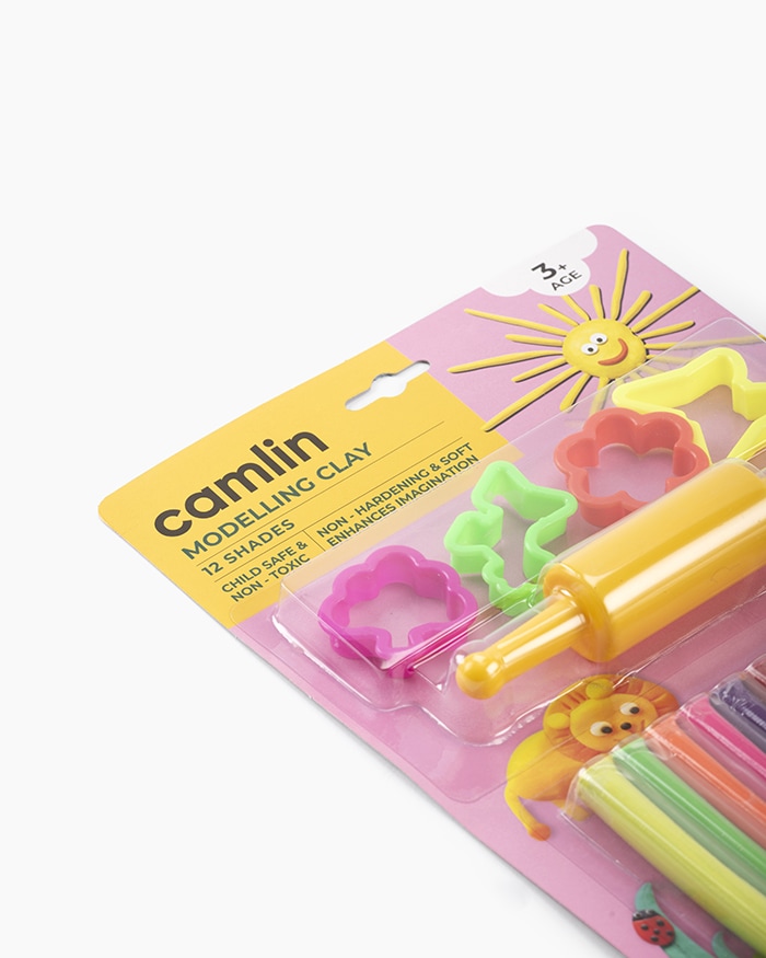 Camlin Modelling Clay Assorted pack of 12 shade in 200 g with Roller Pin and Moulds