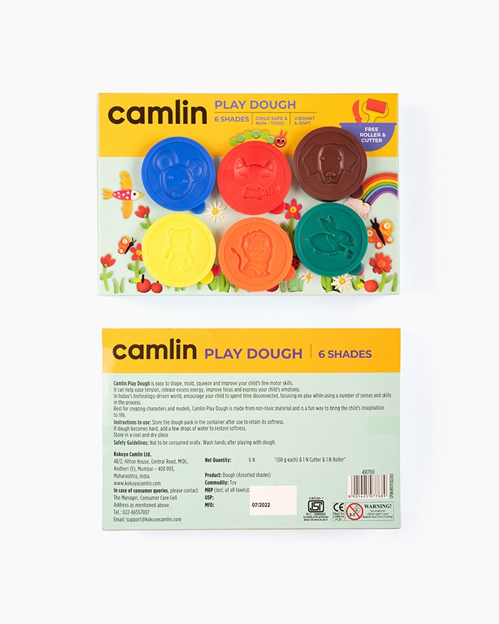 Camlin Play Dough Assorted pack of 6 shades in 50 g with Roller Pin and Cutter